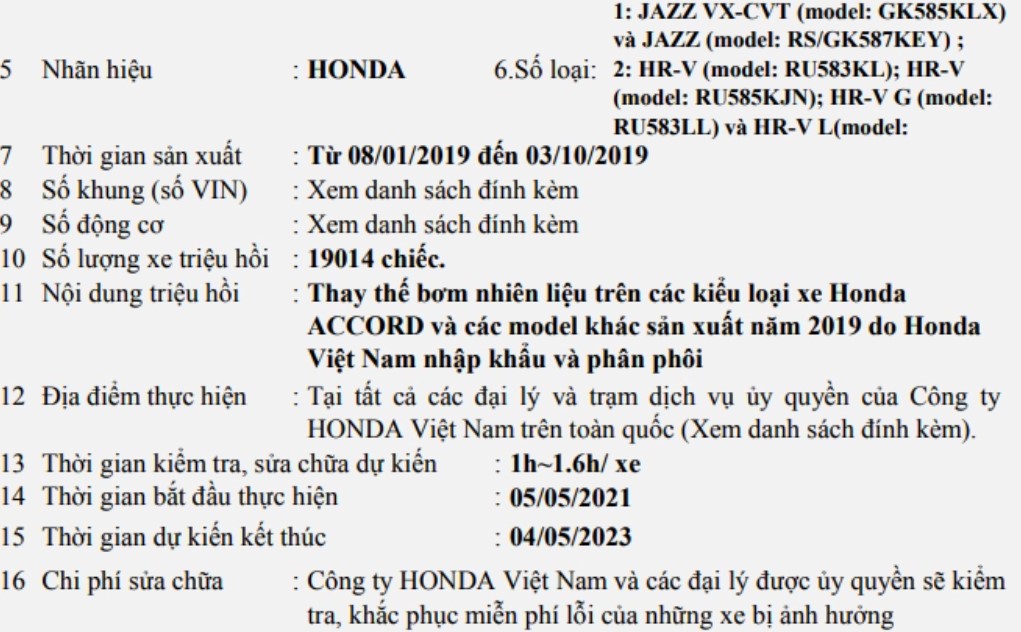  Thông báo triệu hồi xe Honda từ Cục Đăng kiểm Việt Nam