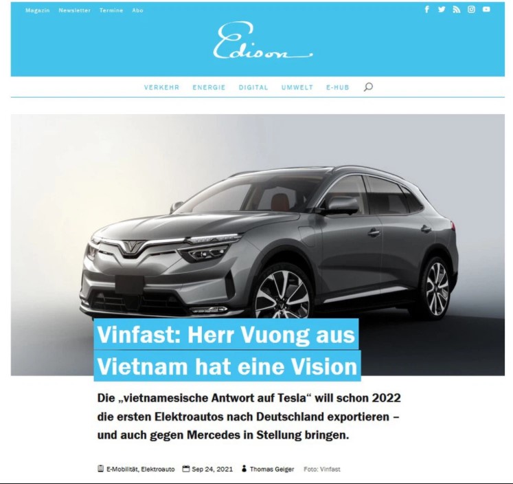 Bài viết về VinFast trên chuyên trang xe điện Edison của Đức