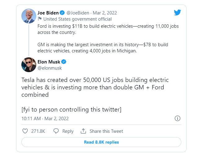 Đoạn Tweet giữa Elon Musk và TT Mỹ Joe Biden.