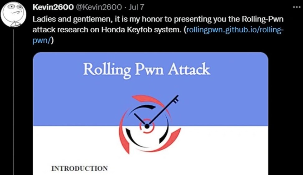 Kevin2600 thông báo về lỗ hổng bảo mật Rolling-Pwn đối với tất cả dòng xe Honda trên Twitter.