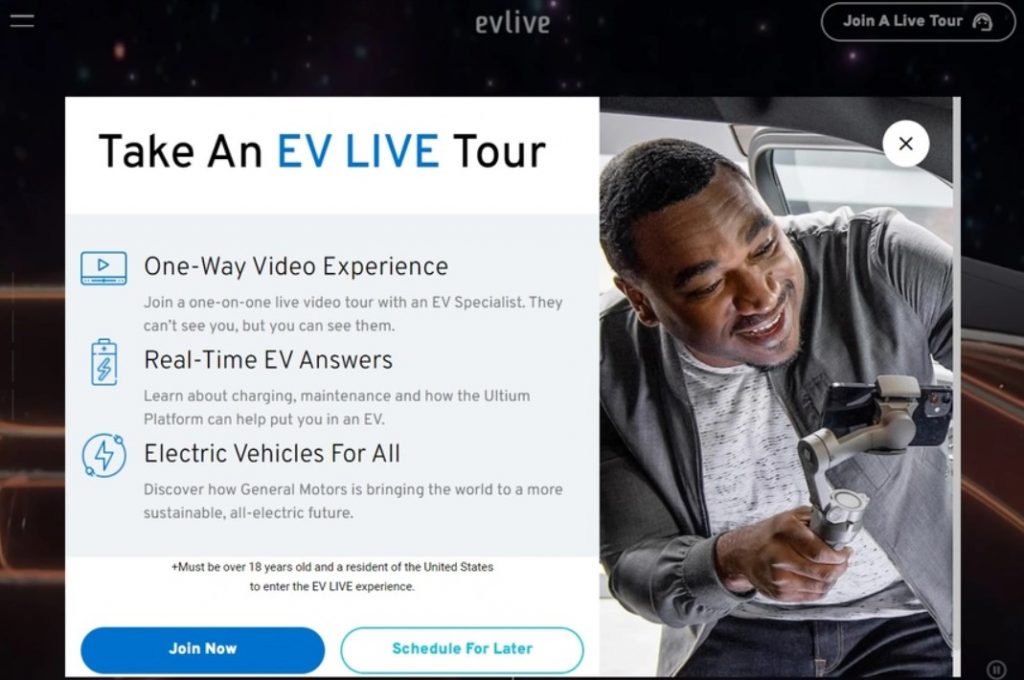 Giao diện Live Tour trên website EV Live của General Motors.