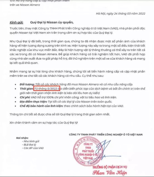 Từ cuối tháng 3, nhà phân phối độc quyền Nissan tại Việt Nam là công ty VAD đã có văn bản về việc khắc phục lỗi trên với thời gian được ấn định từ tháng 5/2022. (Ảnh: VAD)