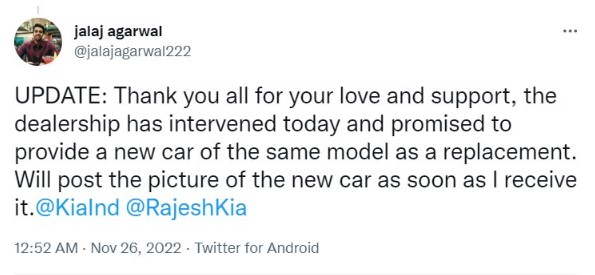 Anh Jalaj Agarwal - chủ xe, đăng tải thông tin về sự bồi thường của đại lý lên Twitter (Ảnh: Twitter)